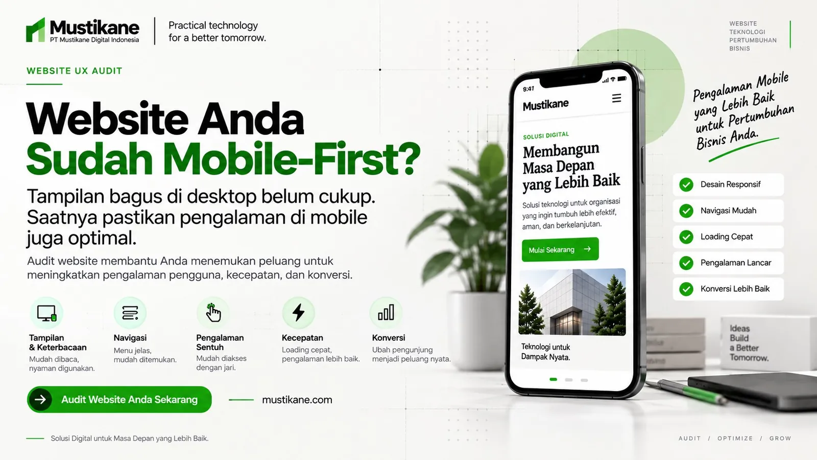 Ilustrasi audit website mobile-first dengan tampilan desktop dan smartphone serta lima area pemeriksaan UX.