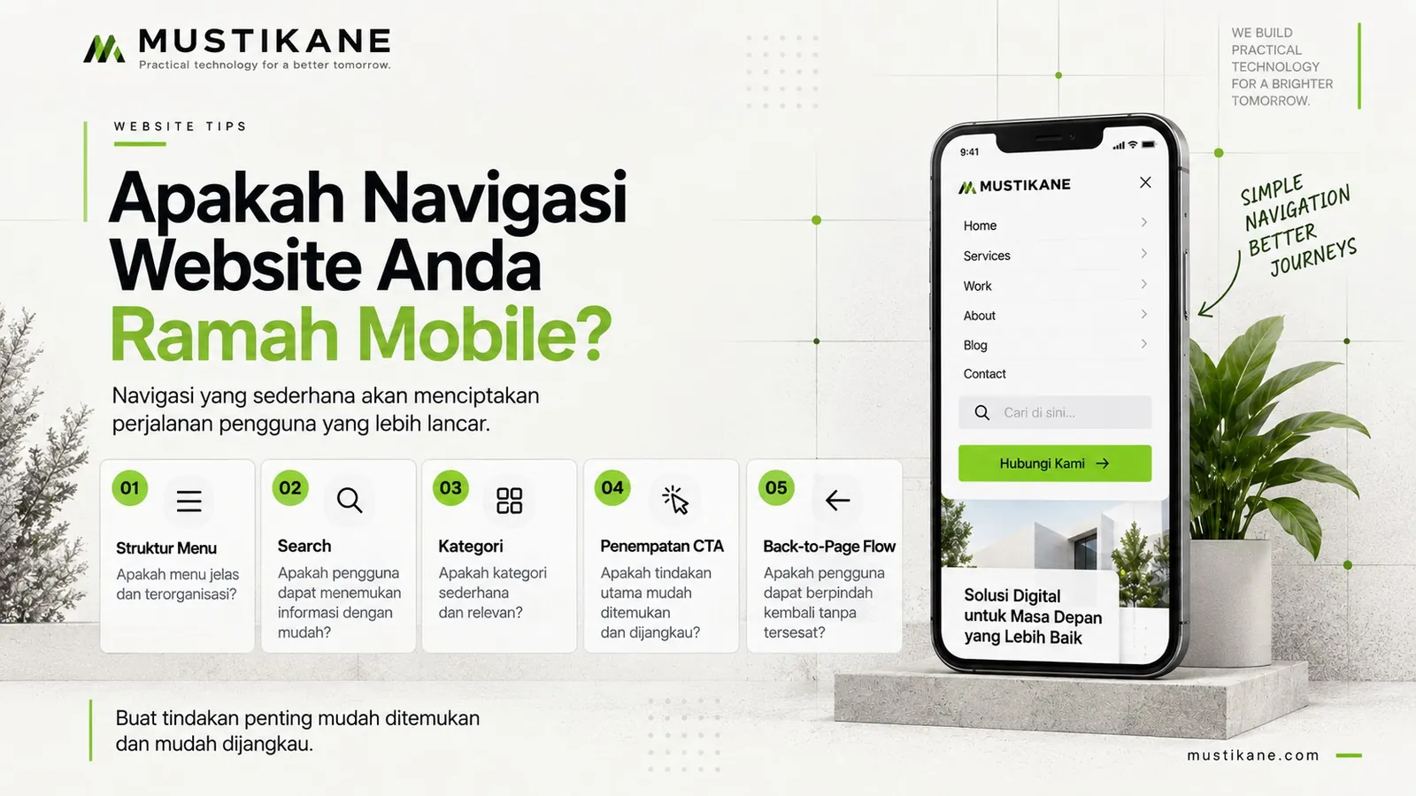Tampilan smartphone dengan menu navigasi mobile, search, kategori, dan CTA yang diberi penanda audit.