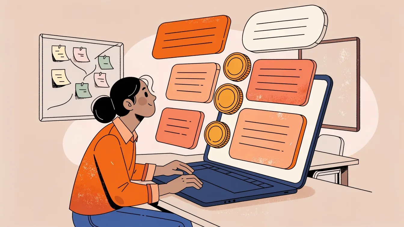 Ilustrasi pemilik lembaga kursus merencanakan anggaran website di laptop