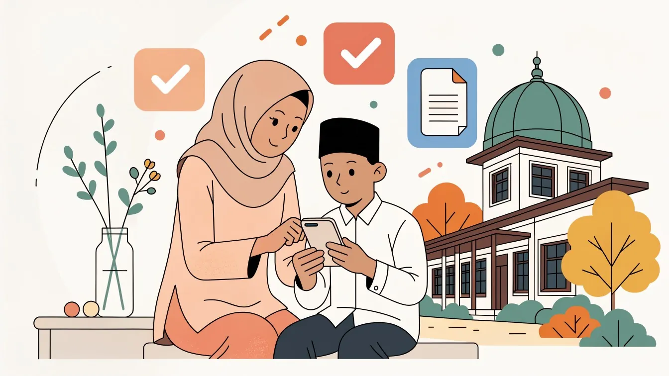 Ilustrasi orang tua dan santri mengisi pendaftaran online pesantren di ponsel