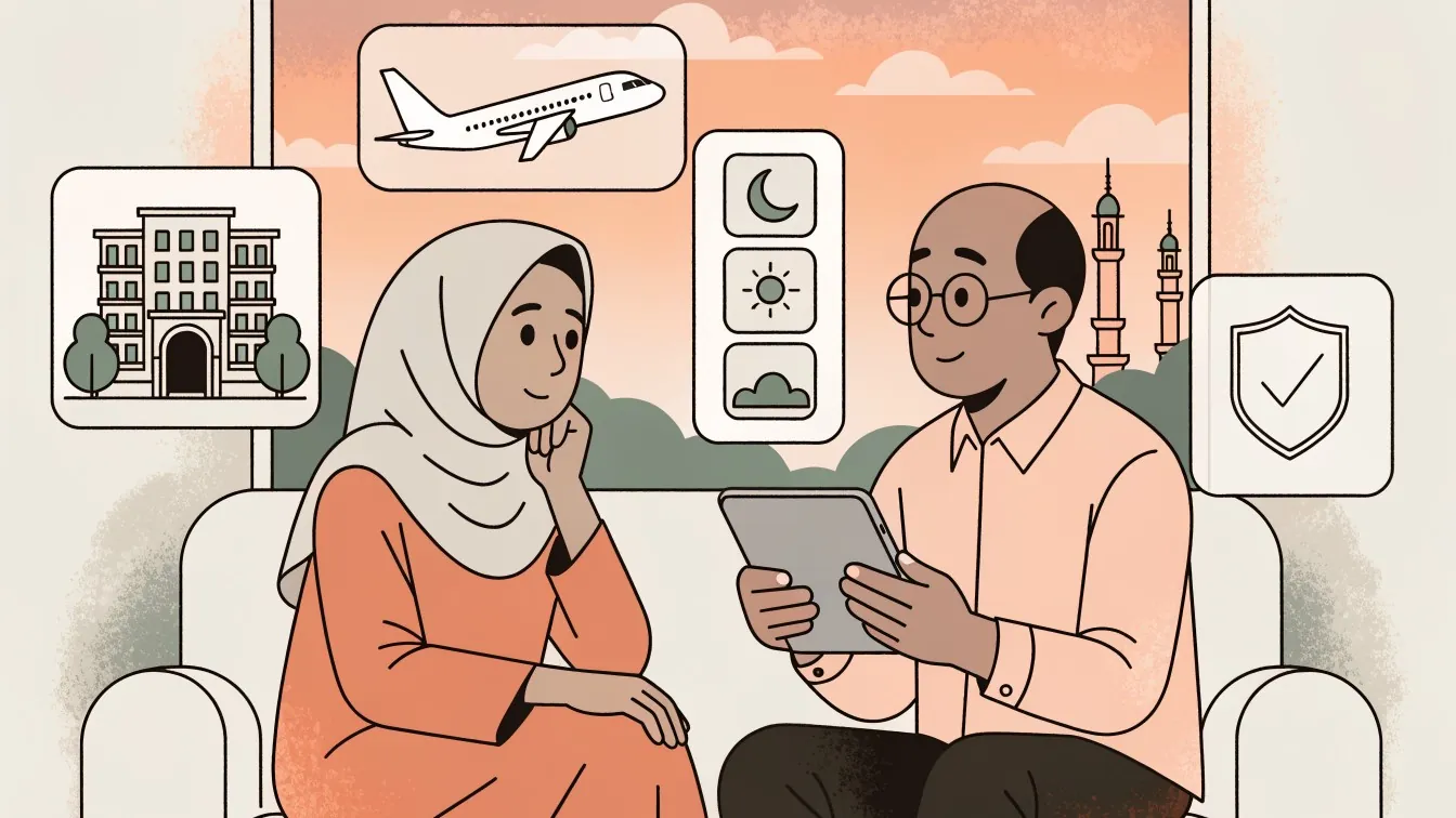 Ilustrasi pasangan calon jemaah memeriksa paket umrah di tablet
