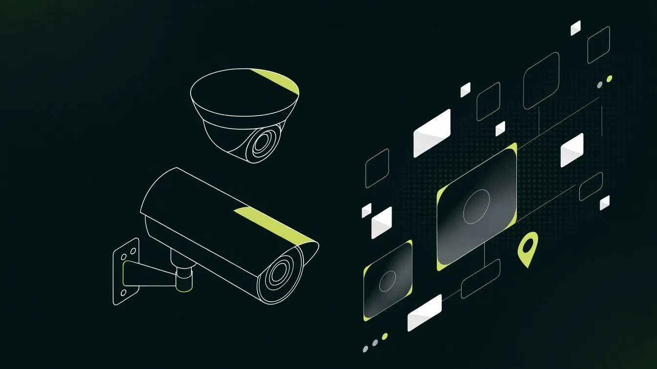 Ilustrasi sistem manajemen CCTV: kamera keamanan terhubung ke dasbor pemantauan web