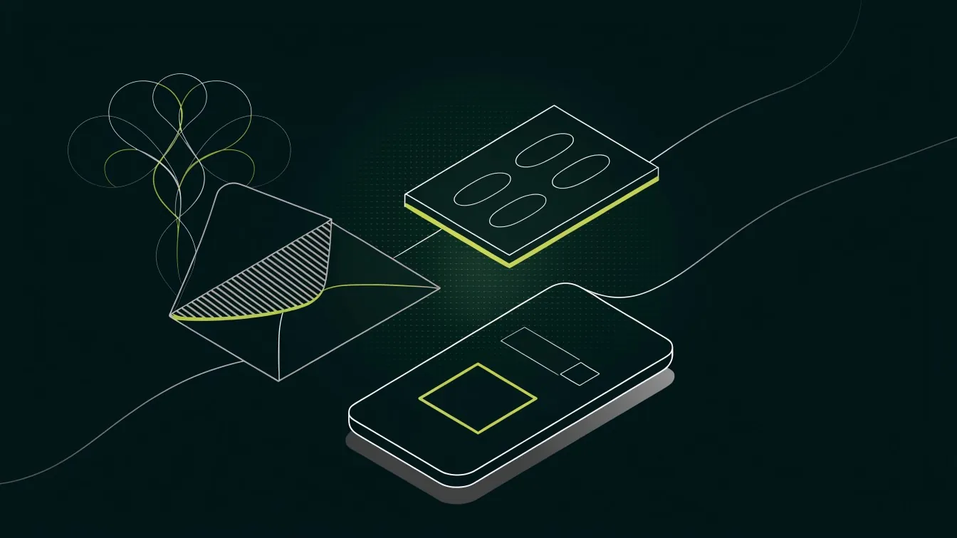Ilustrasi platform undangan digital: undangan di ponsel, amplop, dan kartu RSVP