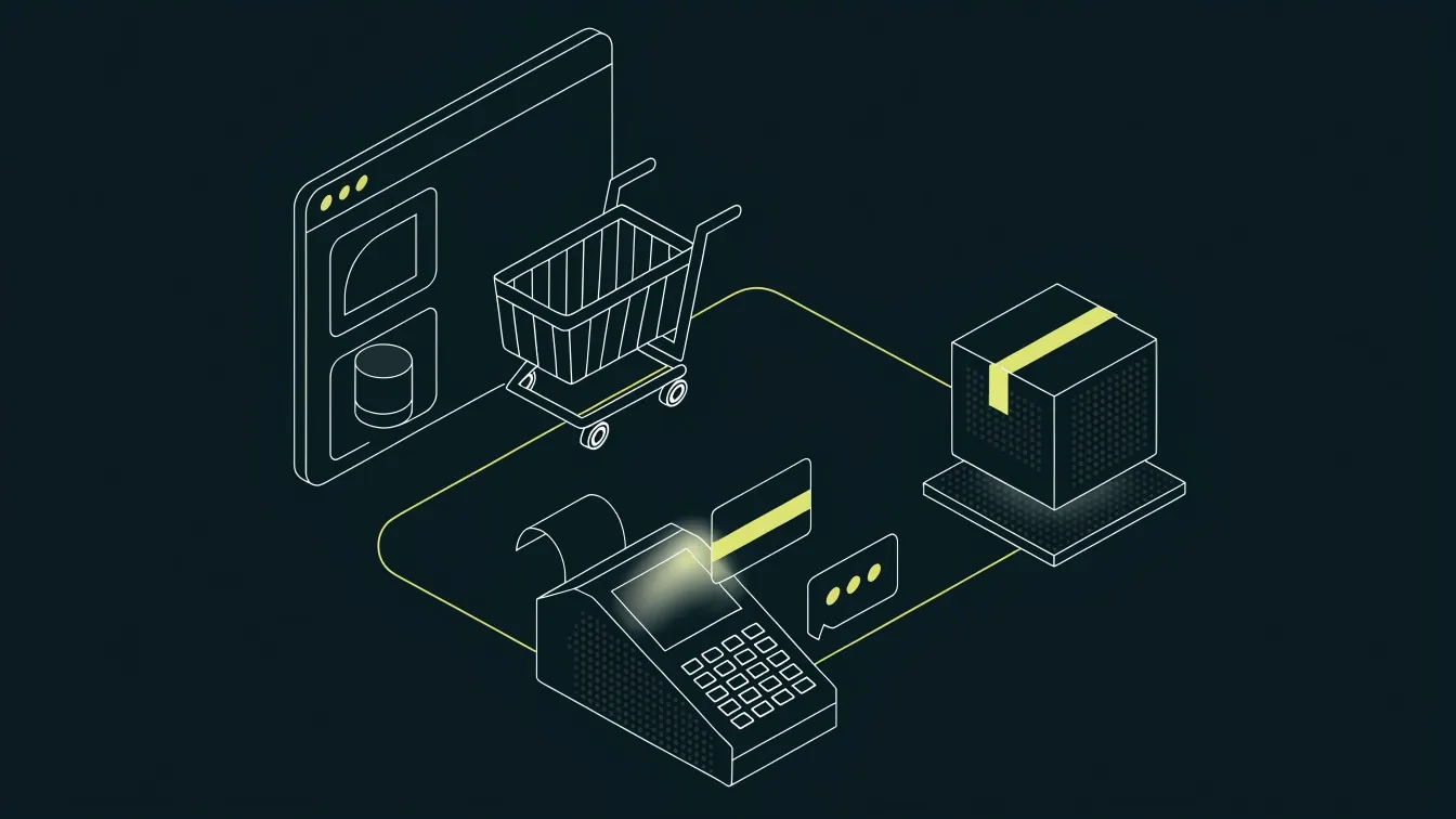 Ilustrasi toko online: katalog produk, keranjang, pembayaran, dan pengiriman terhubung ke kasir