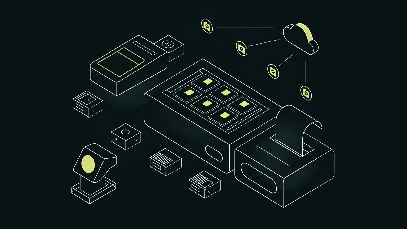 Ilustrasi sistem kasir: terminal POS, printer struk, pembaca kartu, dan pemindai barcode