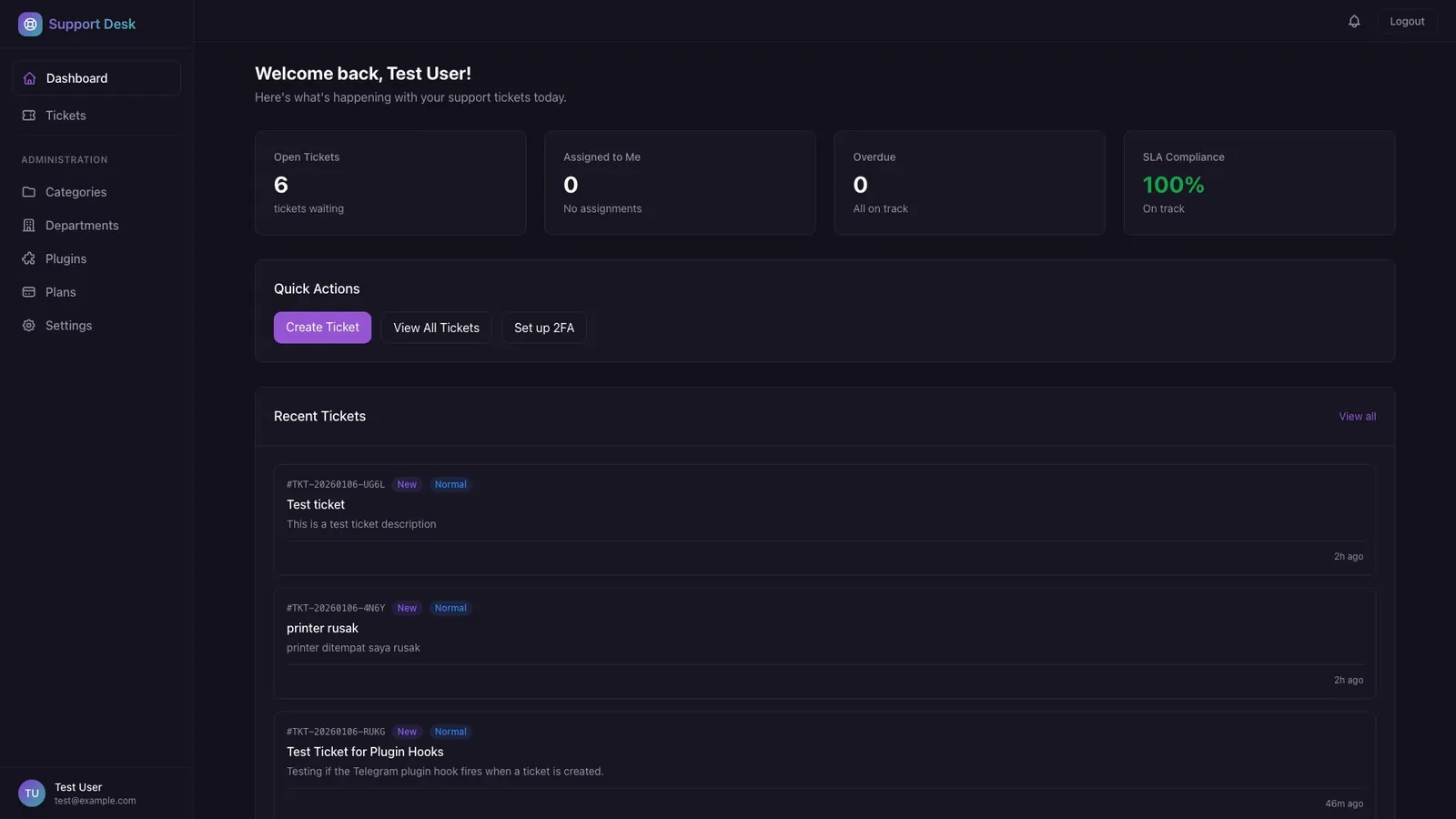 Tangkapan layar dasbor helpdesk Customer Support Ticketing: ringkasan tiket dan tiket terbaru