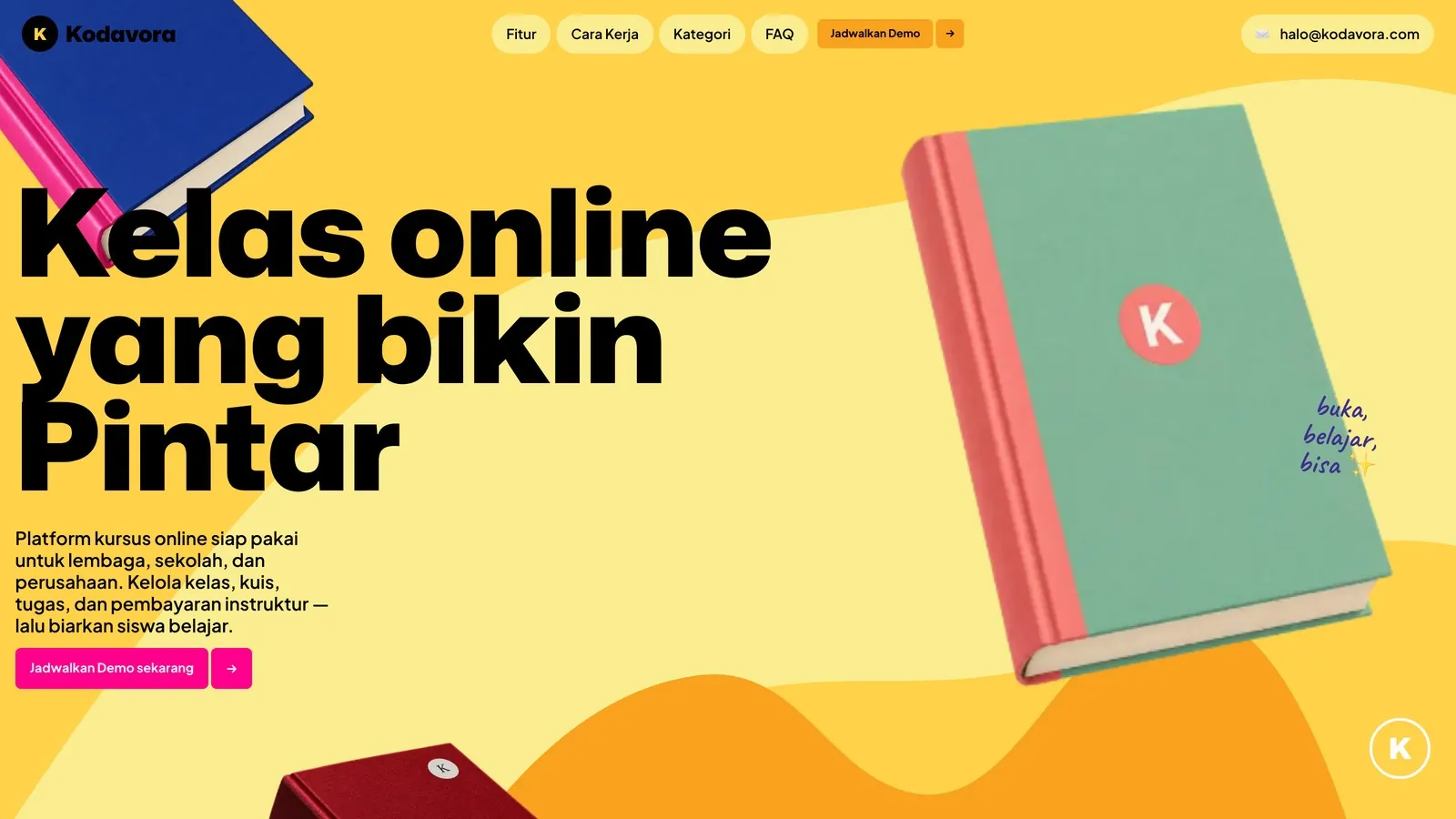 Tangkapan layar beranda Kodavora, platform kursus online untuk lembaga dan perusahaan
