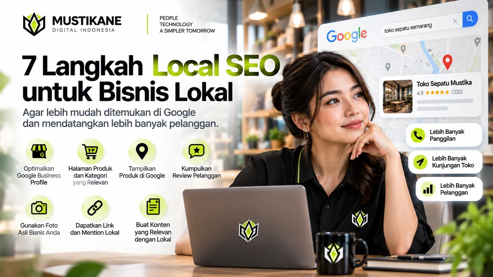 Infografis Local SEO Mustikane tentang Google Business Profile, halaman produk, review, foto, local links, konten lokal, dan pengukuran hasil.