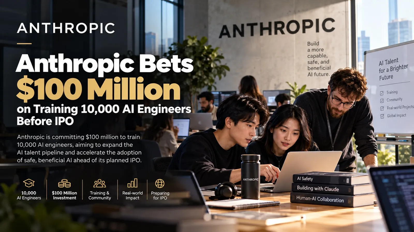 Ilustrasi realistis engineer AI bekerja bersama di lingkungan enterprise dengan headline investasi Anthropic untuk pelatihan 10.000 engineer.