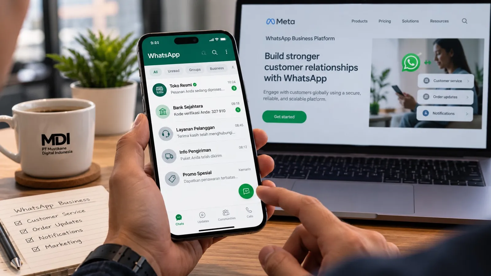 Ilustrasi percakapan customer service melalui WhatsApp Business Platform dengan penanda biaya pesan.