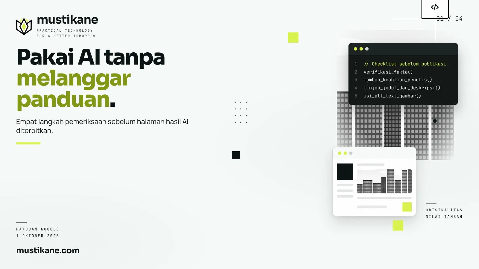 Ilustrasi editorial: jendela UI berisi daftar periksa bercentang terhubung garis tipis ke panel editor kode gelap, dengan aksen lingkaran lime.Cerita