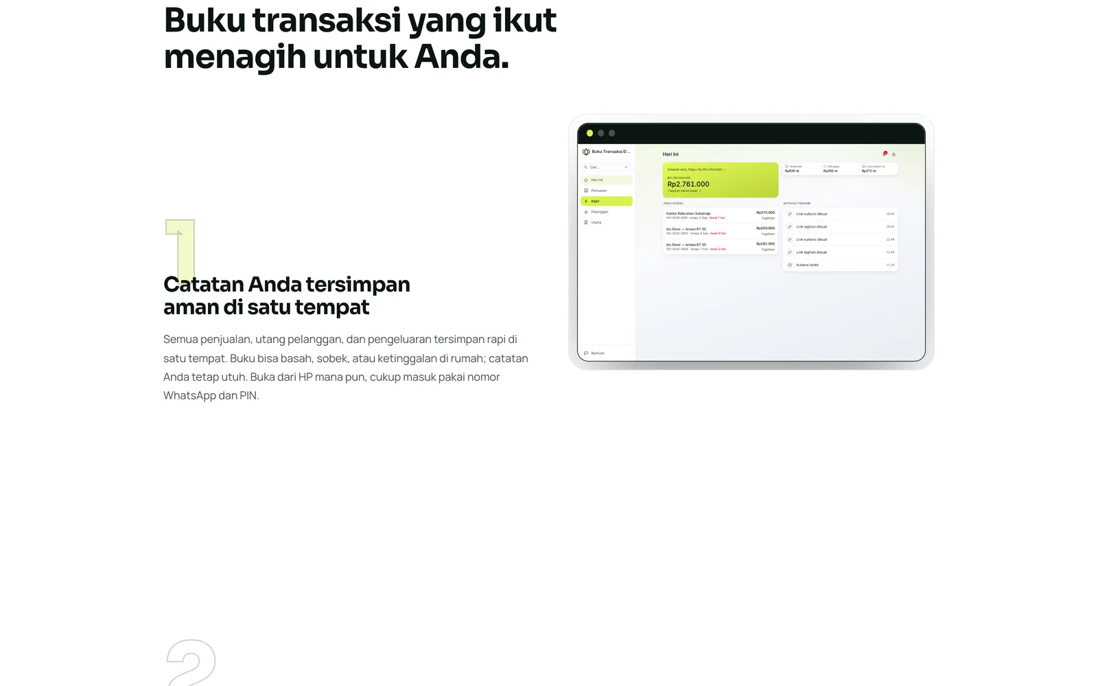 Daftar fitur Juragane dan cuplikan dasbor tagihan yang belum dibayar
