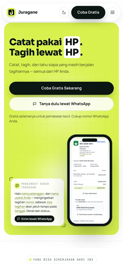 Tampilan ponsel Juragane dengan contoh tagihan
