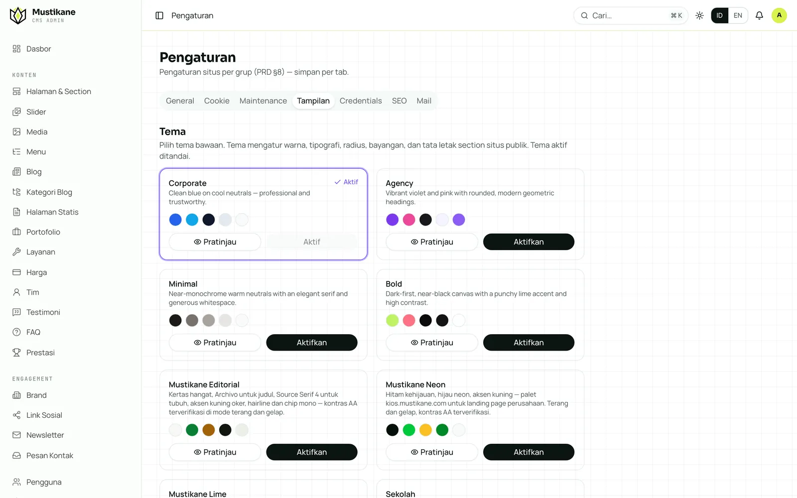 Pemilih tema di panel admin Mustikane CMS dengan pratinjau tiap tema
