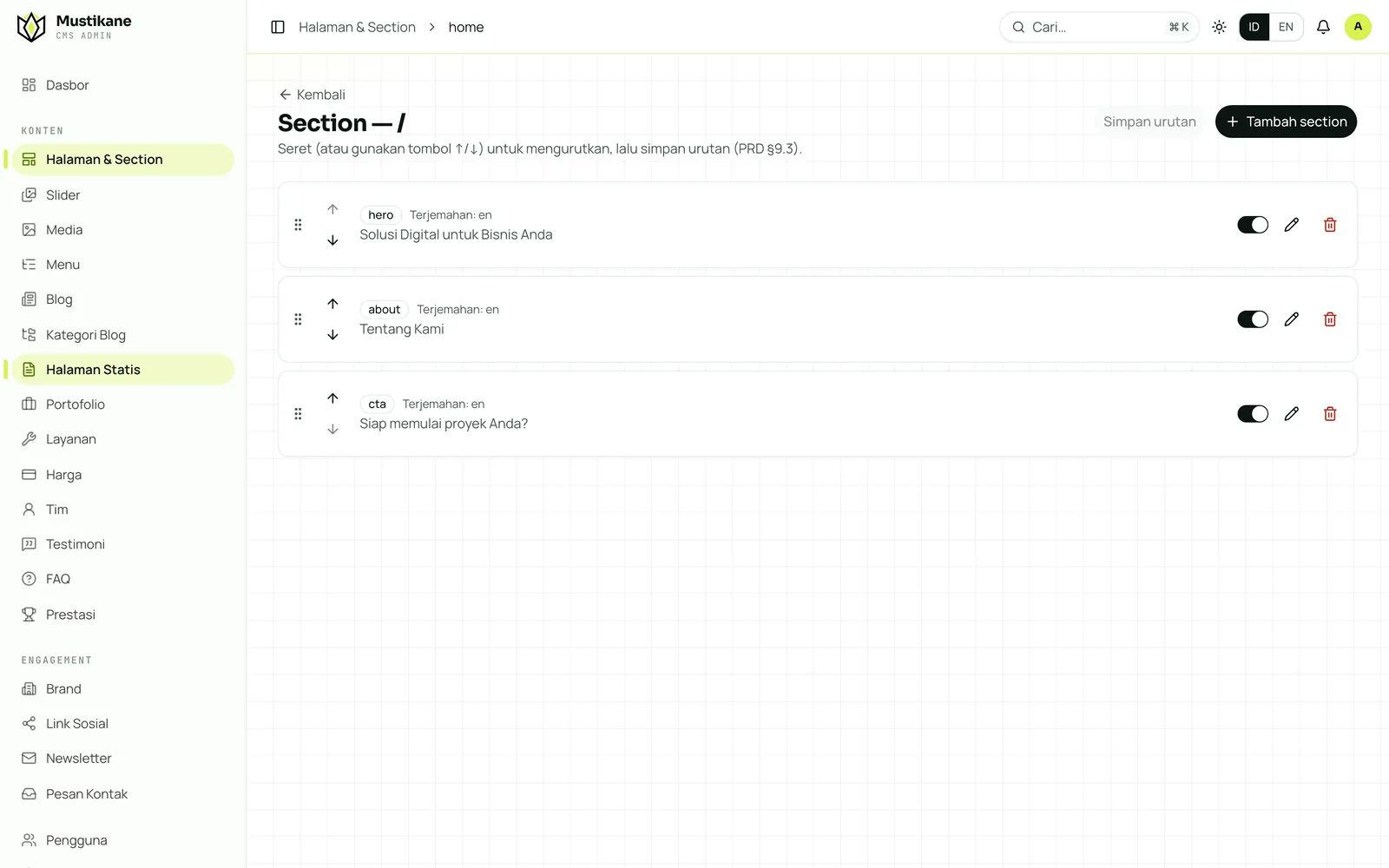 Daftar section sebuah halaman di page builder Mustikane CMS