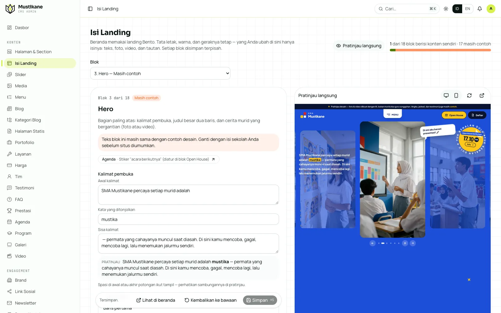 Panel Isi Landing di admin Mustikane CMS: formulir blok hero di kiri, pratinjau langsung beranda di kanan