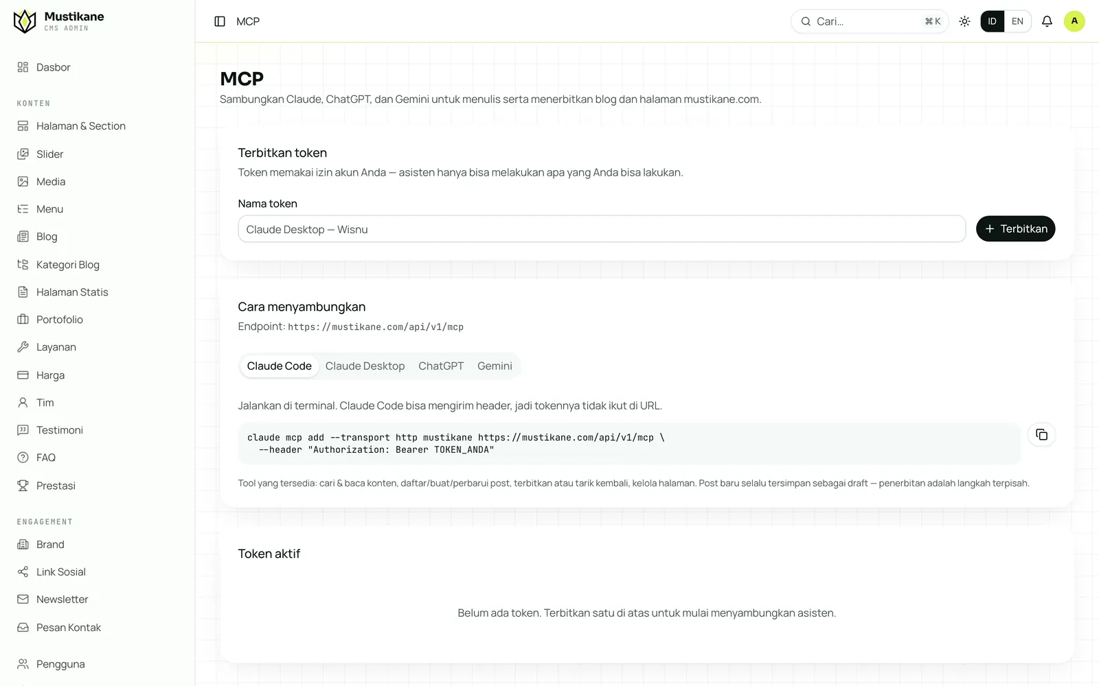 Halaman MCP di admin Mustikane CMS untuk menerbitkan token dan menyambungkan asisten AI