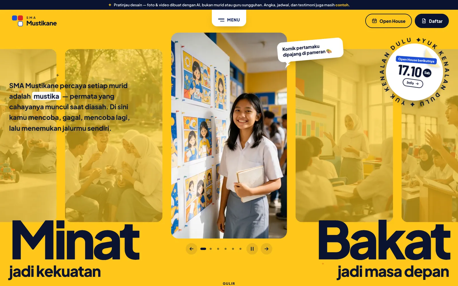 Beranda demo Bento: hero kuning dengan cerita murid, judul Minat dan Bakat, dan stiker Open House