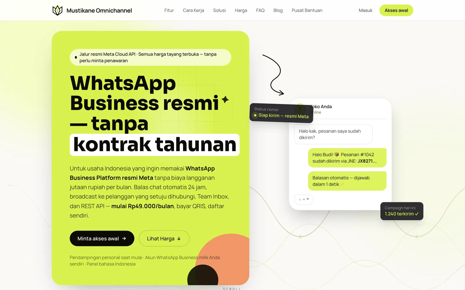 Beranda Mustikane Omnichannel: WhatsApp Business resmi tanpa kontrak tahunan