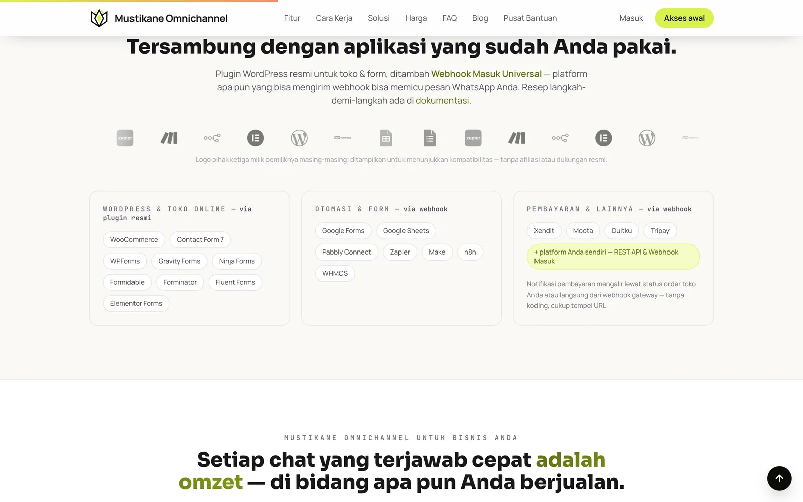 Daftar integrasi Mustikane Omnichannel: WordPress, form, otomasi, dan gateway pembayaran